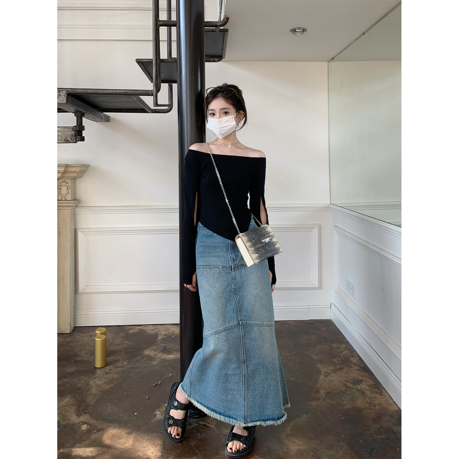 磨毛牛仔半身裙女2023春季新款高腰显瘦百搭中长款鱼尾裙裙子气质