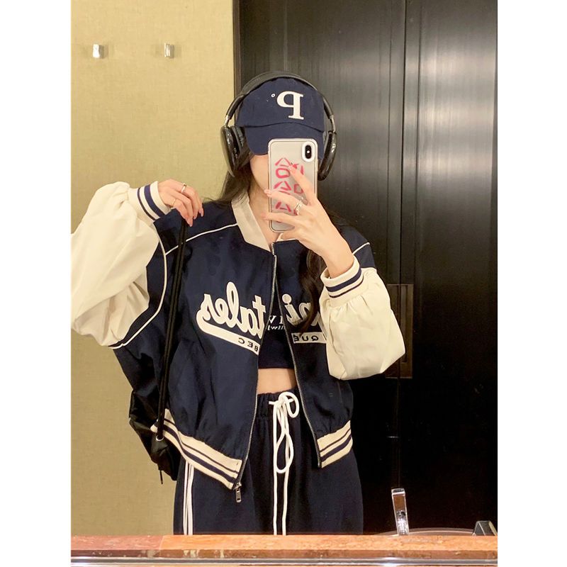 花涂 2023春秋季新款美式辣妹棒球服女字母撞色刺绣宽松夹克外套