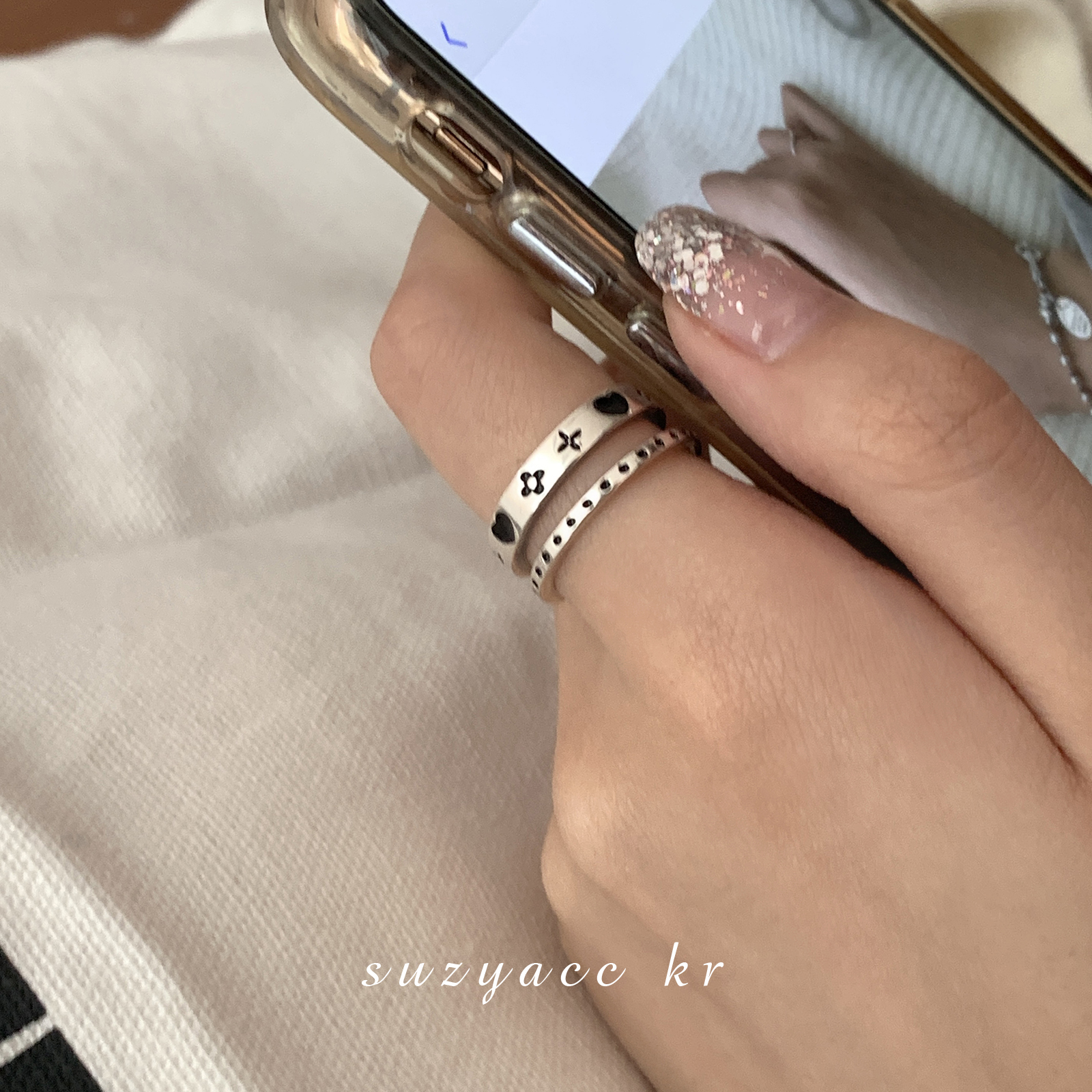 Suzyacc Kr 925银戒指 甜酷风纯银爱心双层戒指J0655