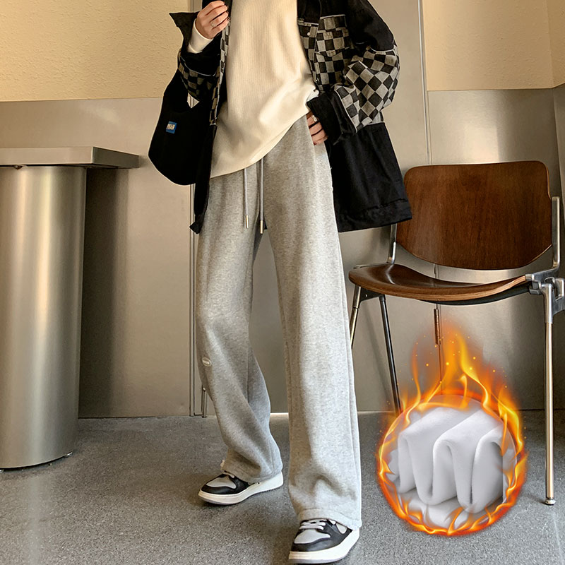 灰色加绒加厚运动卫裤女秋冬季抽绳直筒休闲裤子美式束脚宽松卫裤