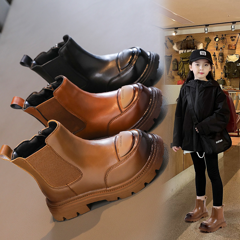 回力瑞女童靴子2023秋冬新款儿童中筒皮靴加绒短靴冬季软底马丁靴