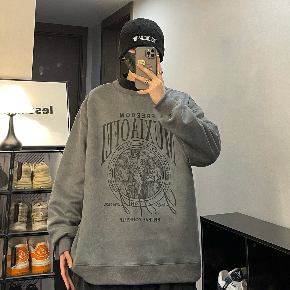 500克重磅加绒加厚圆领卫衣男美式复古宽松百搭上衣潮牌情侣外套