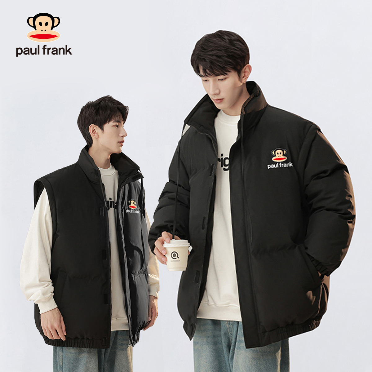 paul frank/大嘴猴情侣冬季短款棉衣外套可拆袖保暖面包服棉袄