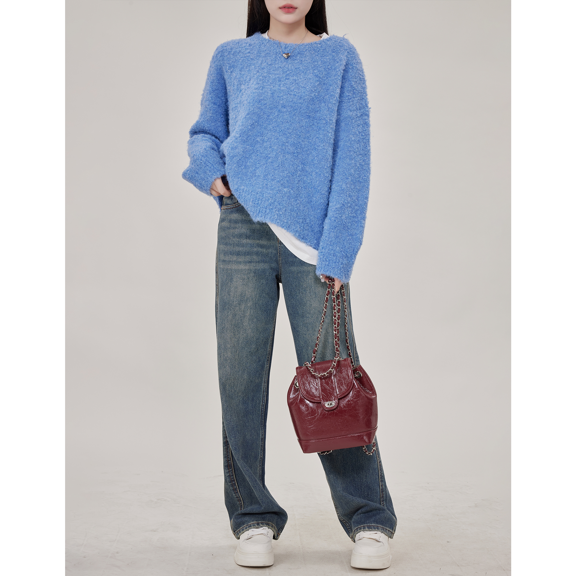 现JUNJUN【海盐幻想】蓝色时尚宽松慵懒毛绒针织衫女套头圆领毛衣