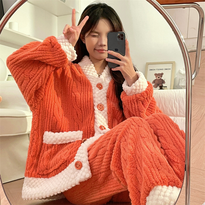 2023冬季新款珊瑚绒加绒加厚套装睡衣女甜美可爱宽松居家服可外穿