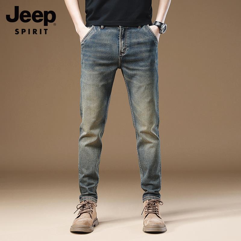 JEEP复古牛仔裤男秋冬季修身小脚2023新款弹力大尺码直筒休闲长裤