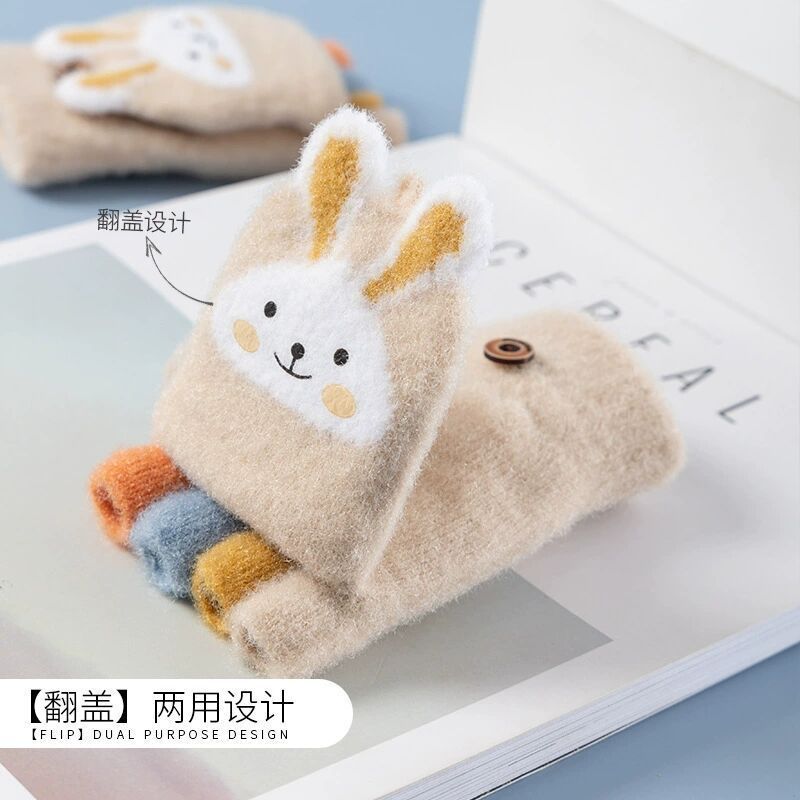 儿童手套女公主加绒加厚小学生半指可爱保暖五指卡通宝宝手套冬季
