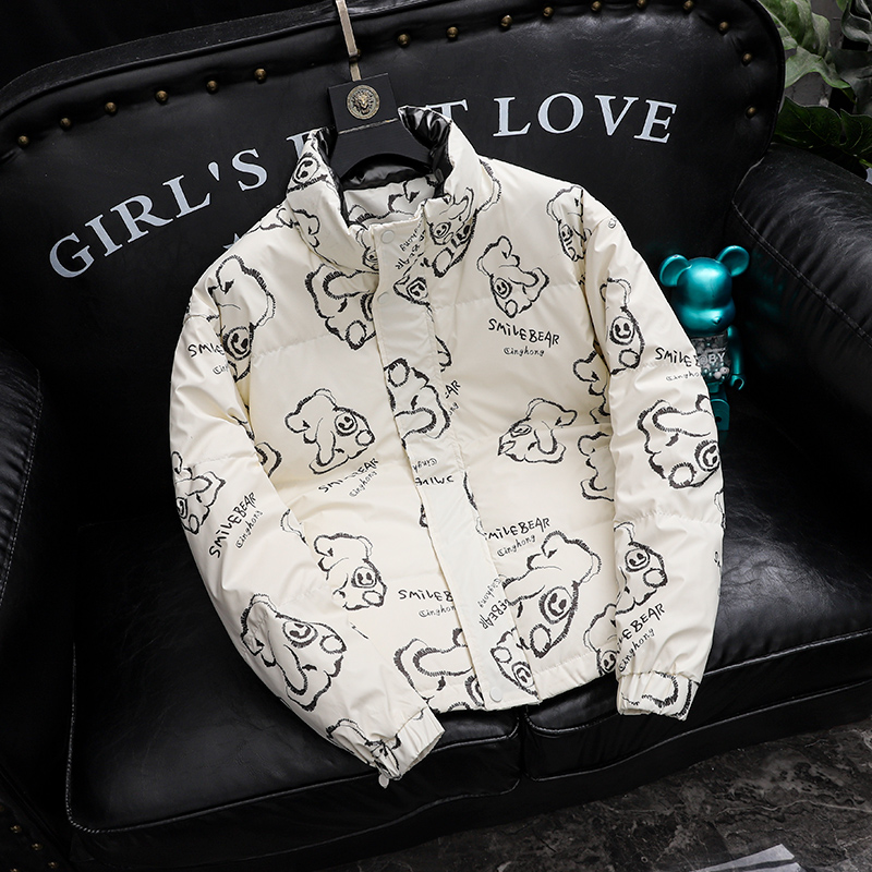 潮流卡通印花白色羽绒服男2023冬装男士外套短款立领加厚男装衣服