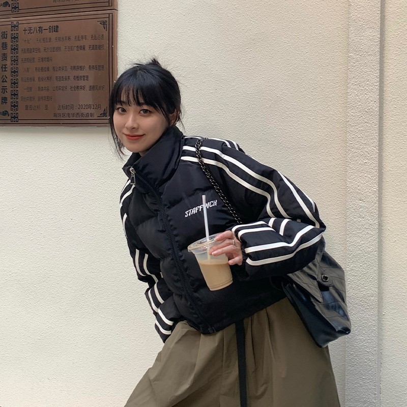 TOM潮 复古黑色短款棉服女冬季2022面包服棉衣棉袄外套加厚