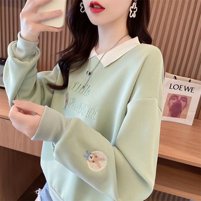 加绒加厚polo领卫衣女秋冬季兔子刺绣设计感百搭洋气学生长袖上衣