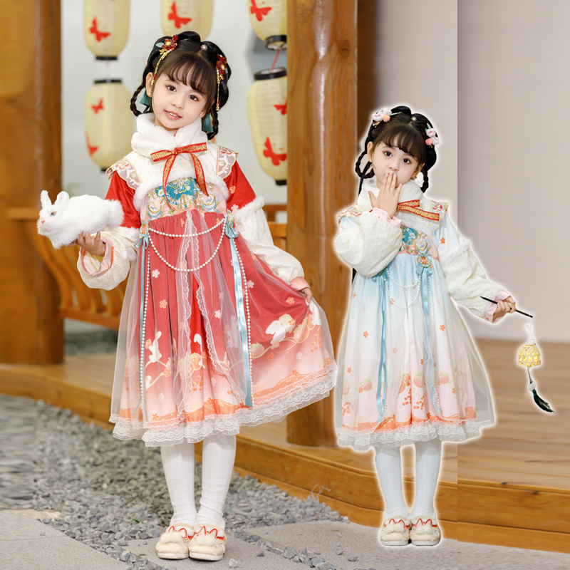 女童加绒汉服2024冬款可爱喜庆拜年服儿童冬款唐装加厚连衣裙