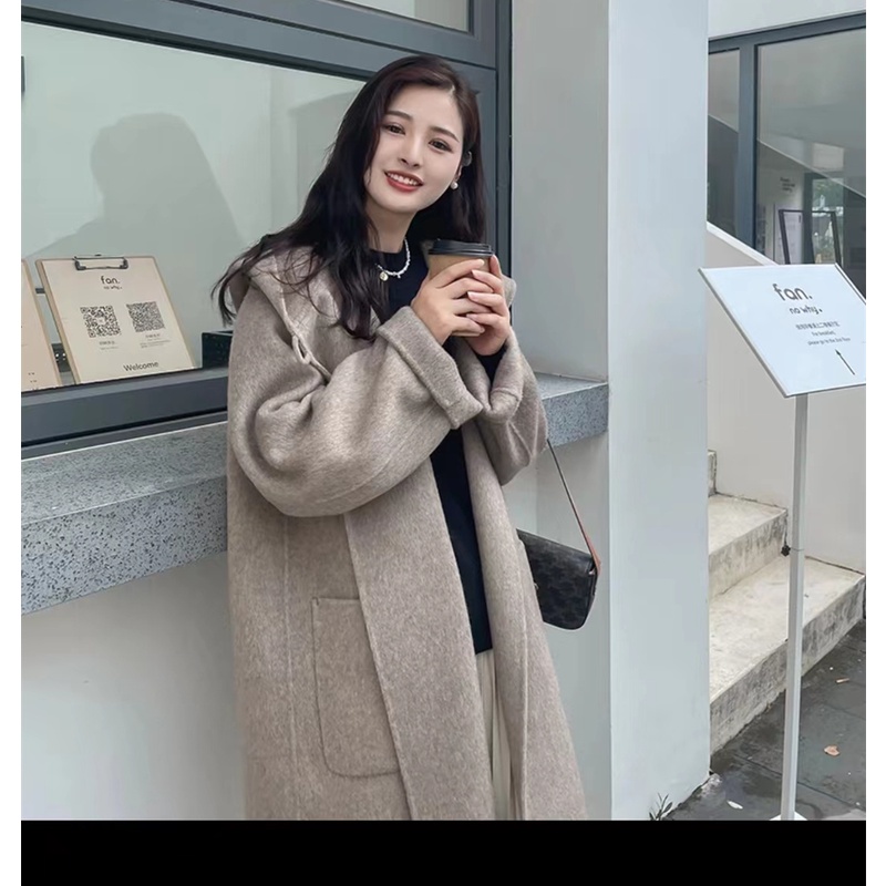 黔允呢子大衣女2023秋冬季新款时尚中长款网红连帽宽松毛呢外套