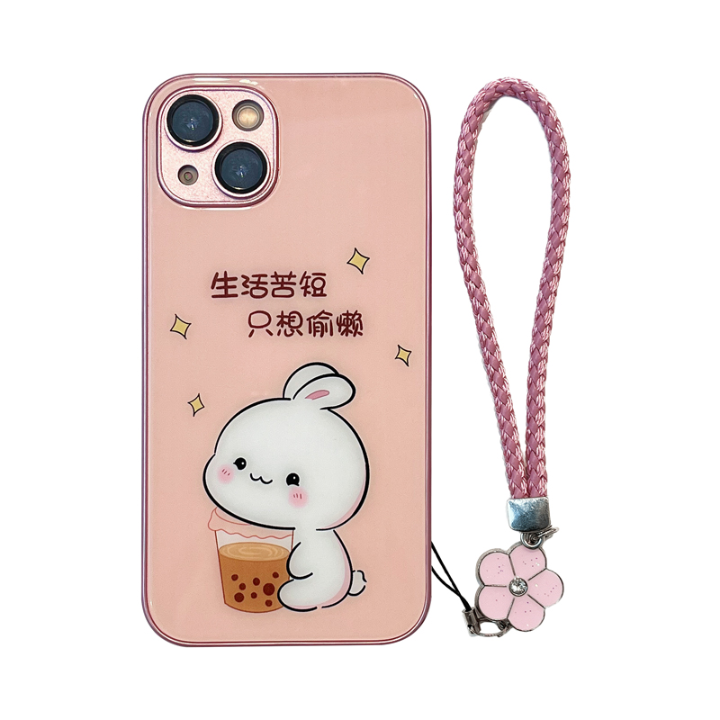 高端卡通小兔挂绳 苹果/华为/小米iphone13全包高级感玻璃手机壳