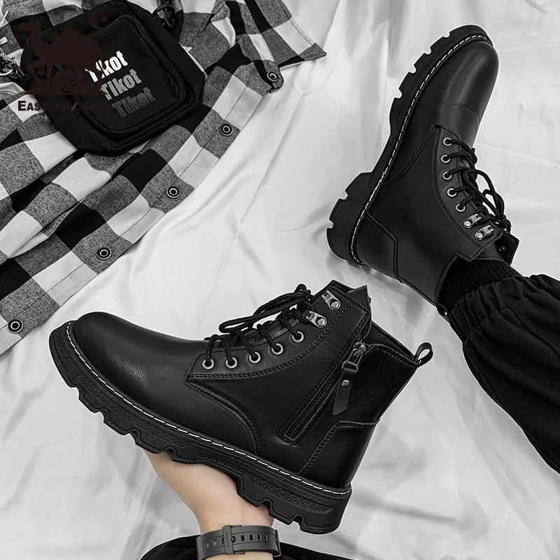 东方骆驼男鞋秋季英伦风增高耐磨皮靴韩版休闲马丁靴高帮工装男靴