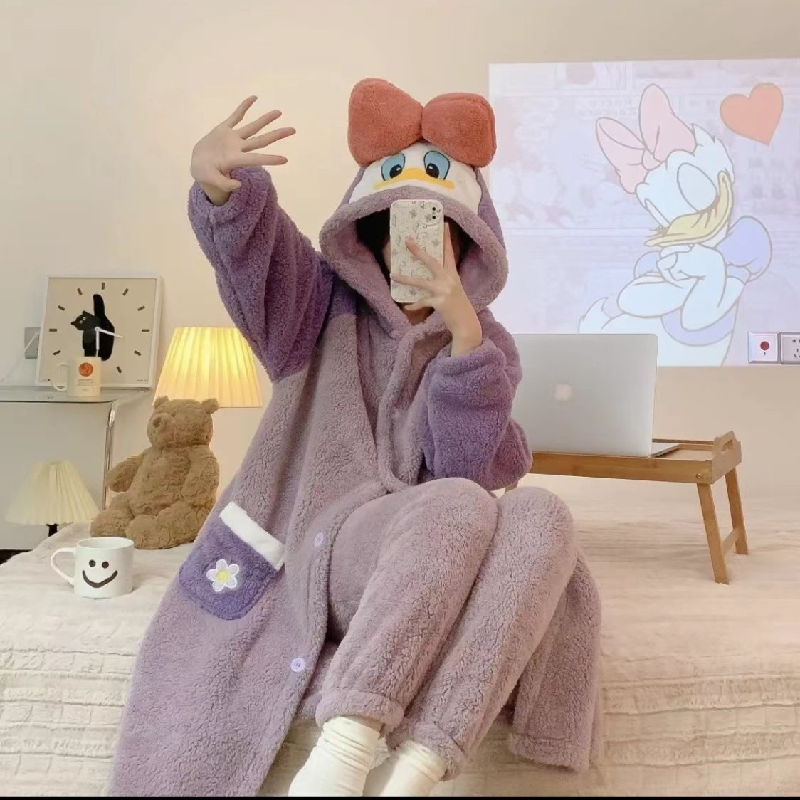 【可爱鸭】冬季长款保暖家居服秋冬加厚珊瑚绒.睡袍加绒连款
