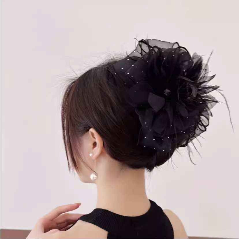 2023新款满天星花朵羽毛抓夹女发夹后脑勺夹子头饰高端鲨鱼夹发卡