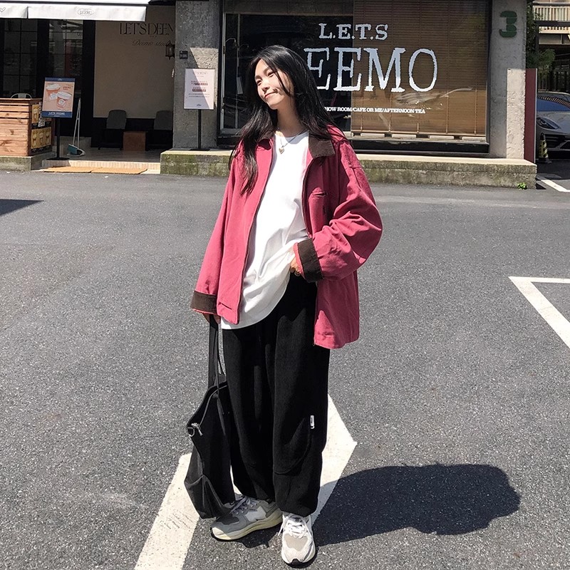 火龙果色工装夹克女2023春秋爆款美式复古宽松日系翻领薄外套潮牌