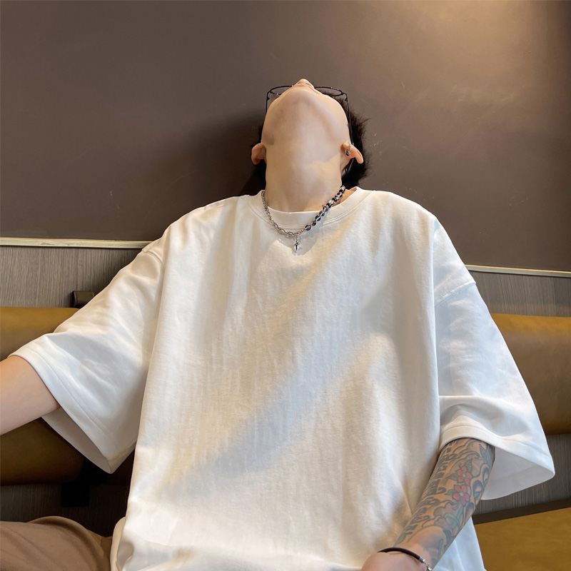 潮牌百搭纯色短袖T恤男士夏季宽松圆领青少年打底衫休闲运动衣服