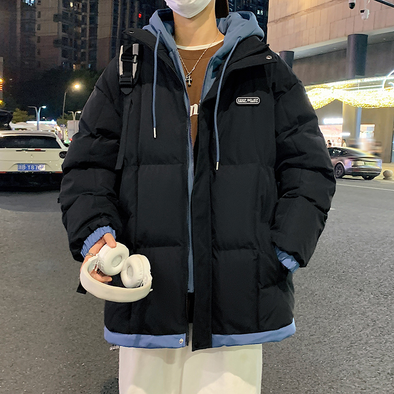 黑色假两件连帽男士棉衣潮牌面包服冬季保暖新款加厚棉袄男生外套
