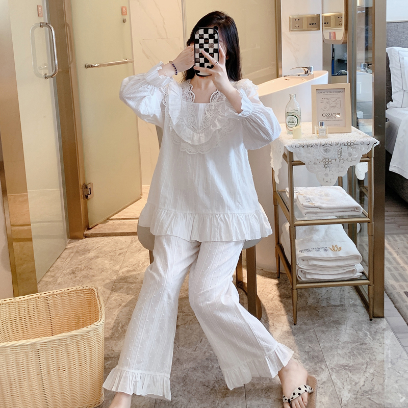 睡衣女春秋季甜美可爱公主家居服长袖白色宫廷风韩版纯棉套装夏天