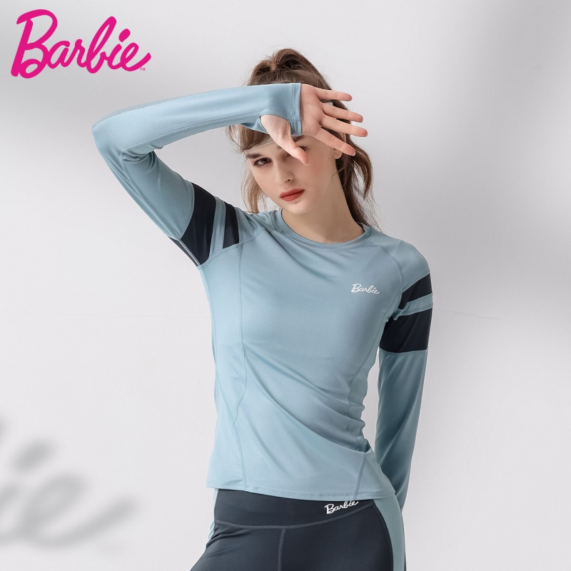 芭比瑜伽服女上衣长袖网纱透气健身t恤跑步长袖轻薄女款运动上衣