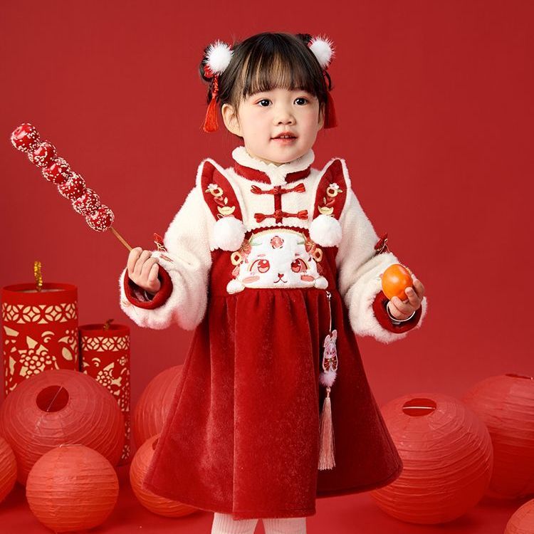 女童拜年服加绒过年喜庆衣服小女孩红色连衣裙小童中国风汉服服饰