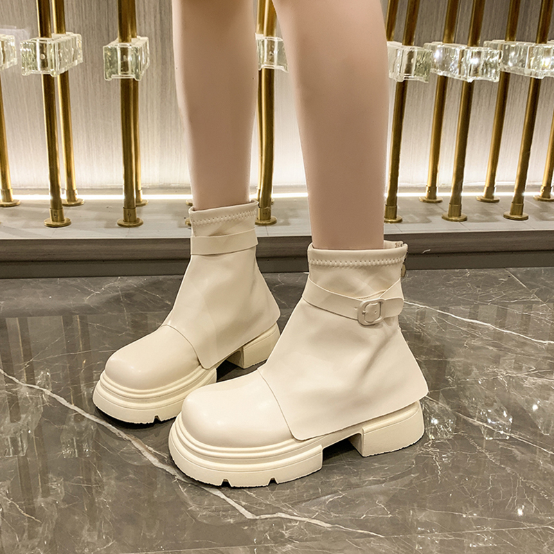 回力瑞白色瘦瘦靴女2023秋冬新款英伦风靴子松糕增高复古马丁靴女