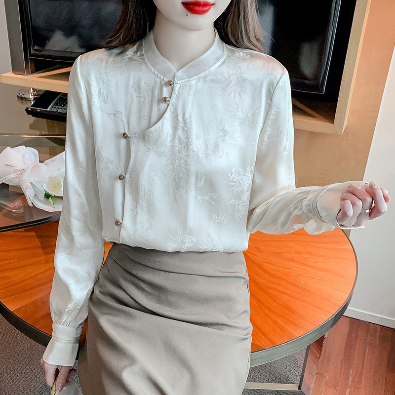 2024秋装新款国风立领提花改良衬衣女士新中式长袖独特漂亮的衬衫