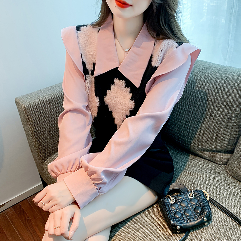 秋冬2024新款荷叶边泡泡袖针织衫女士拼接菱格马甲假两件粉色毛衣