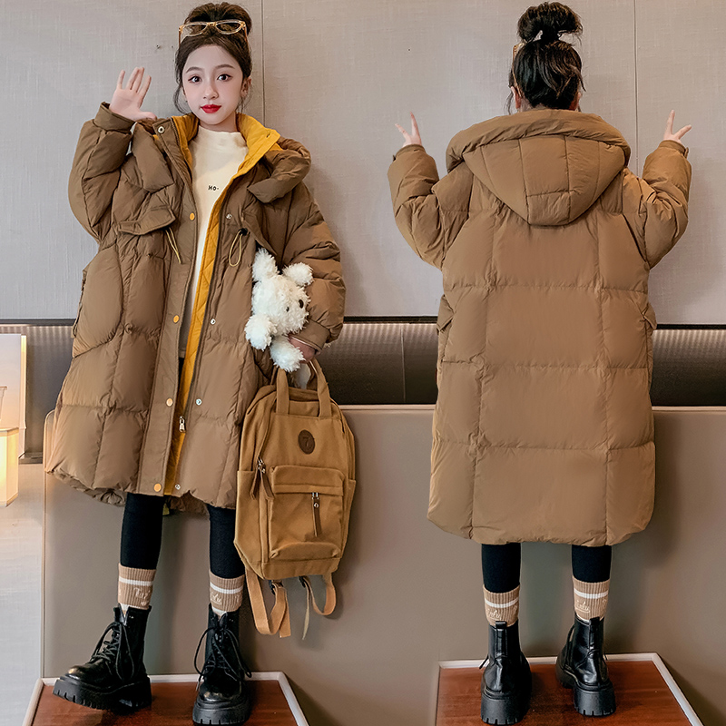女童羽绒服中长款保暖洋气冬季2023新款中大儿童装女孩外套宽松潮