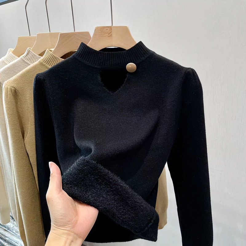 加绒毛衣打底衫女秋冬2023新款洋气内搭保暖小众加厚一体绒上衣女
