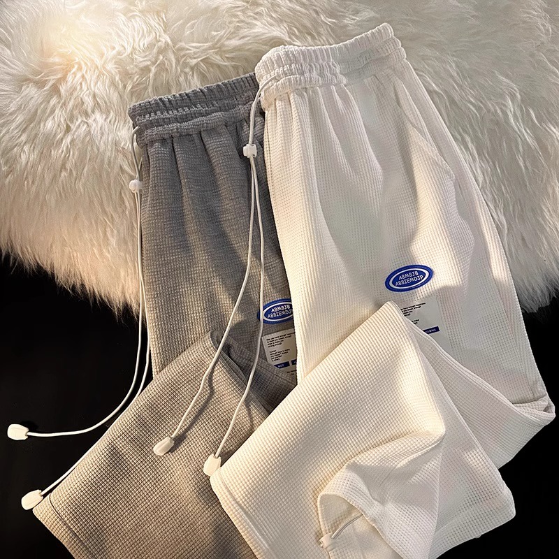 百搭华夫格裤男冬季潮流百搭宽松直筒裤港风高街暖冬阔腿休