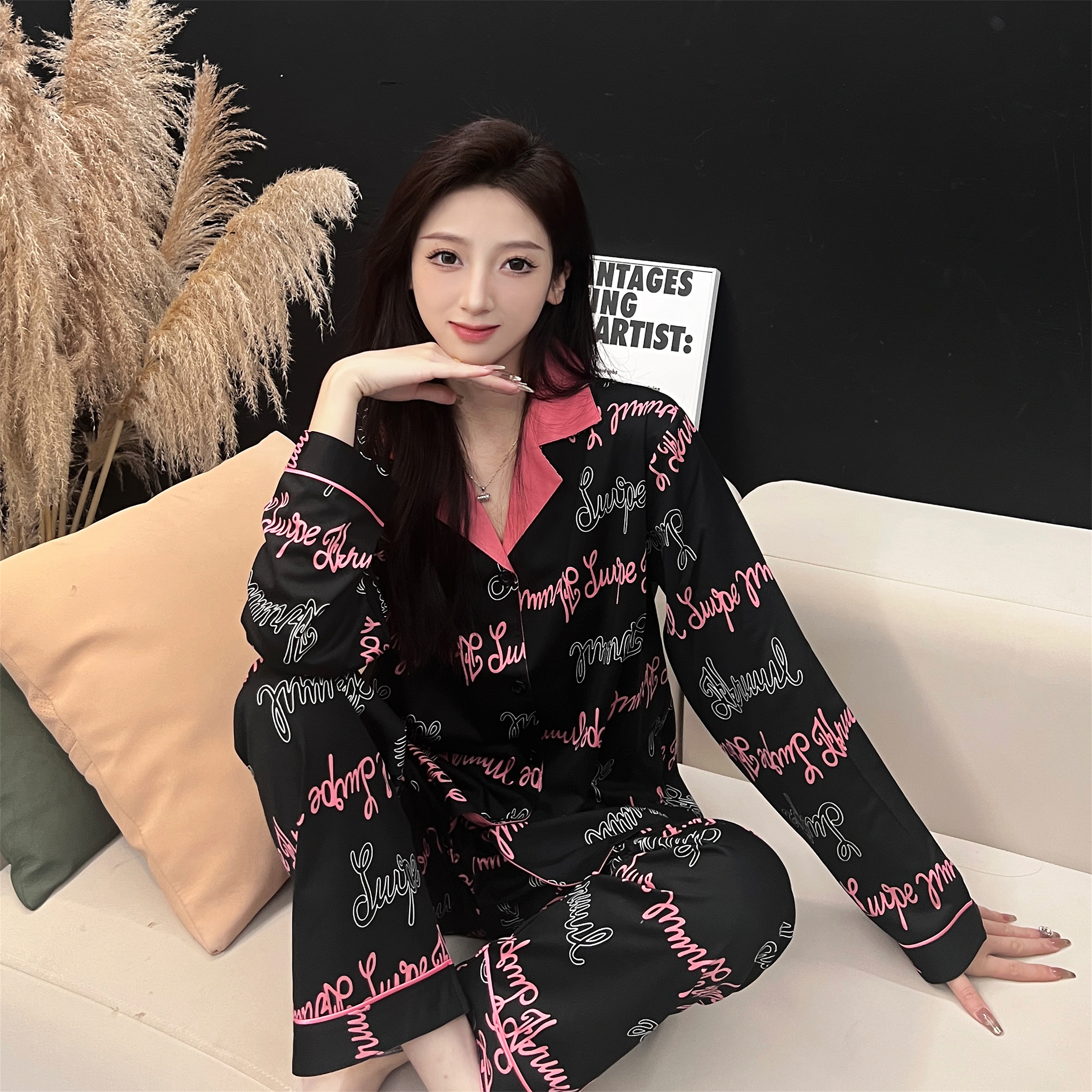 甜酷字母睡衣套装女春秋情侣学生宽松可外穿长袖翻领家居服两件套