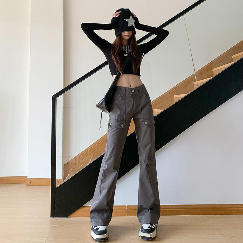 CHRISUNO高腰工装辣妹牛仔裤显瘦重工设计多口袋美式ins潮微喇裤