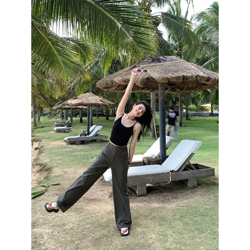 2024夏季新款性感辣妹U领黑色外穿吊带女时尚高腰复古直筒阔腿裤