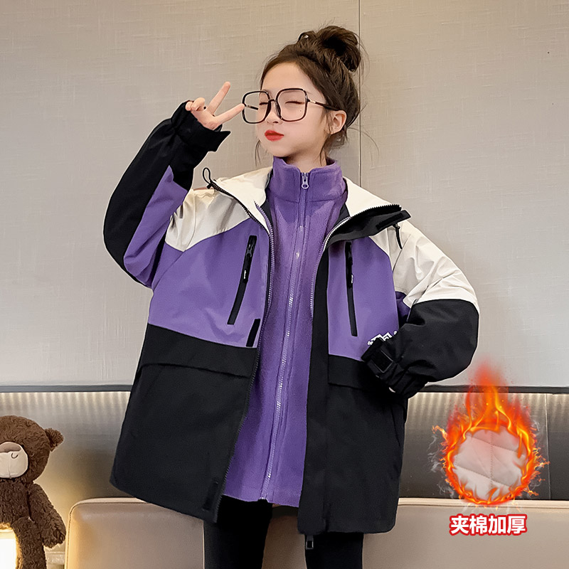 女童秋冬加厚外套中长款大童宽松连帽冲锋衣三合一可拆卸夹克上衣