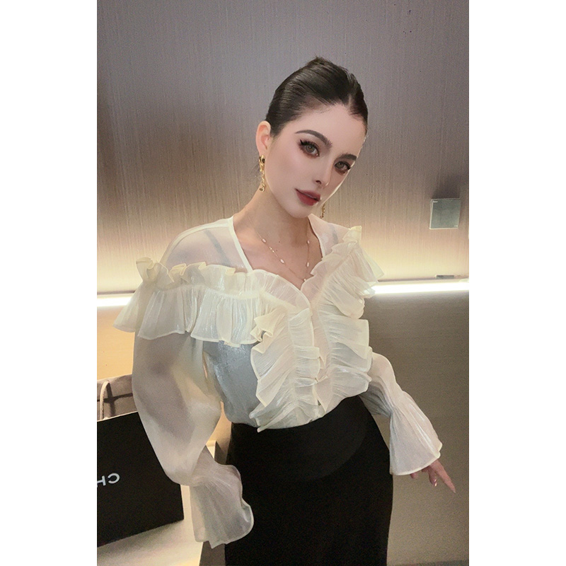 （特价）V领泡泡袖荷叶边不规则衬衫CS26739