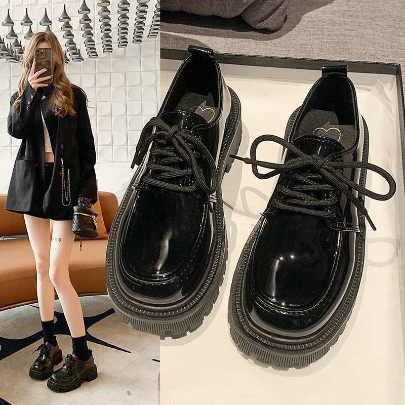 小皮鞋女英伦风单鞋2024年春秋新款厚底增高黑色系带复古乐福鞋潮