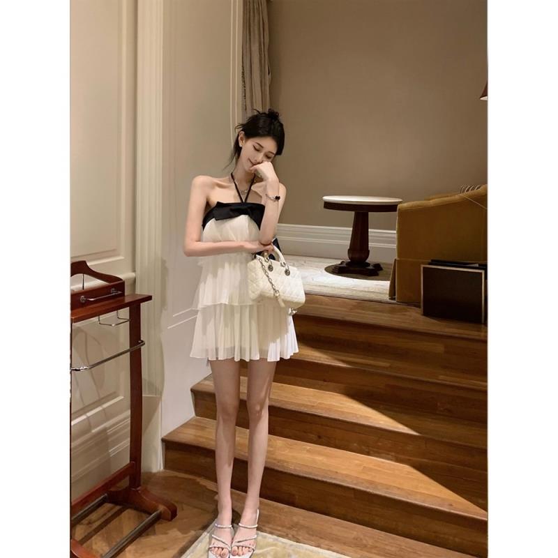 时尚小个子白色法式蝴蝶结吊带挂脖连衣裙女收腰宽松气质短款风裙