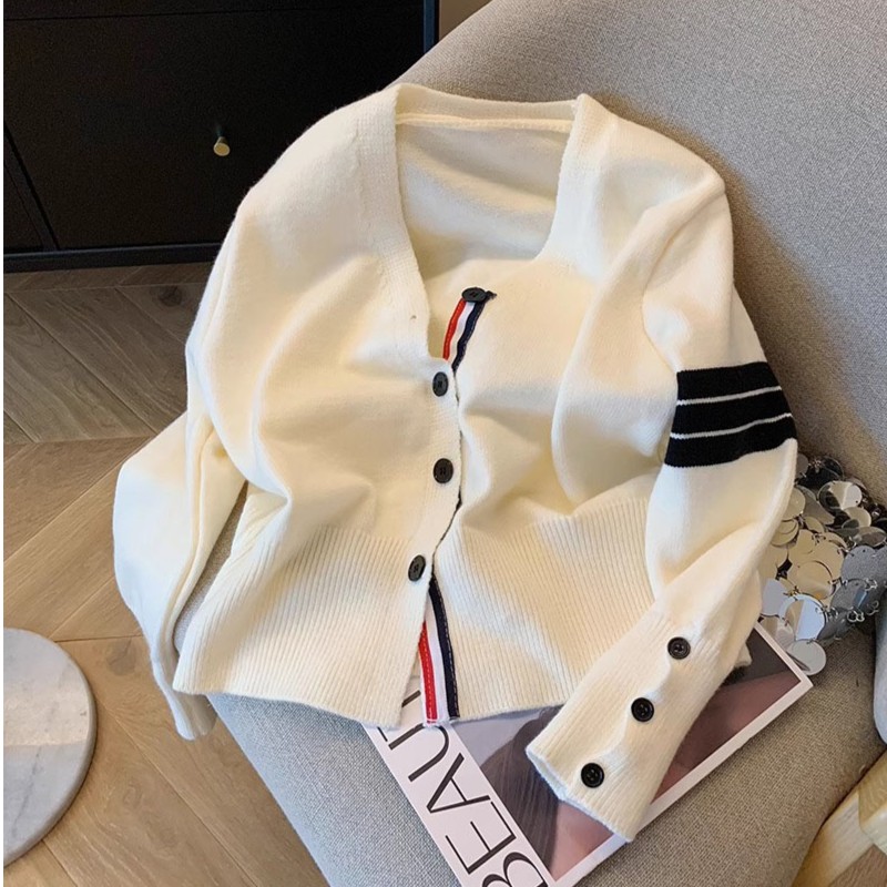 拼色V领软糯针织外套女2023秋季设计感慵懒宽松休闲百搭毛衣开衫