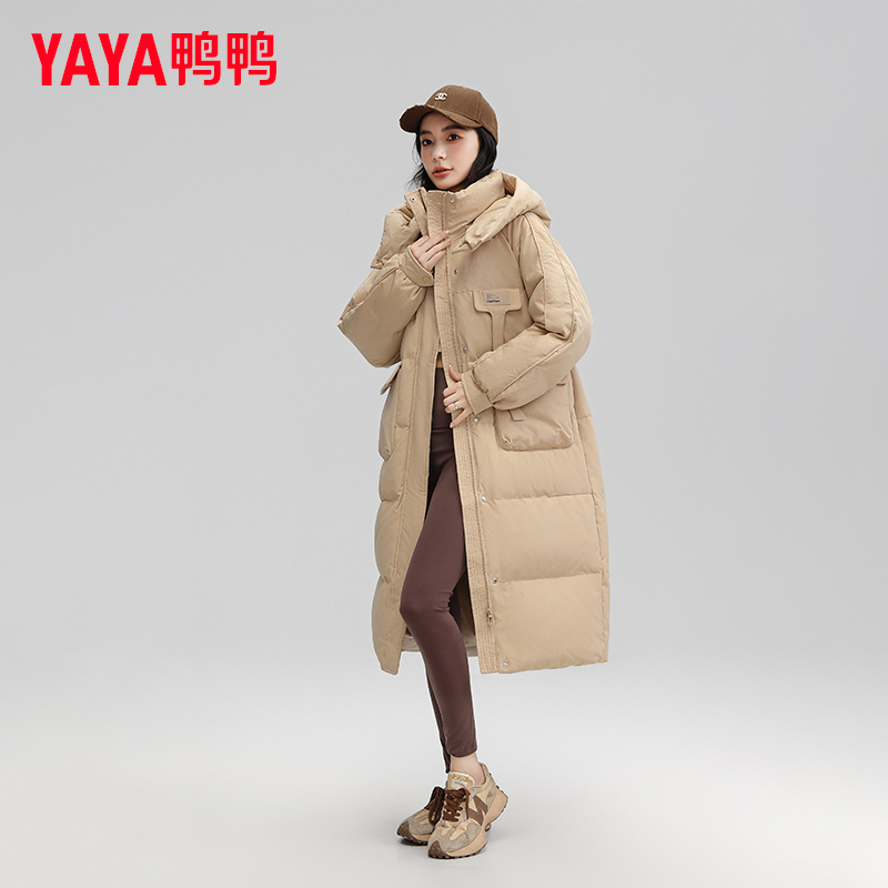 YAYA/鸭鸭【乔姐专属】女中长款过膝连帽宽松羽绒服白YE3B607671A