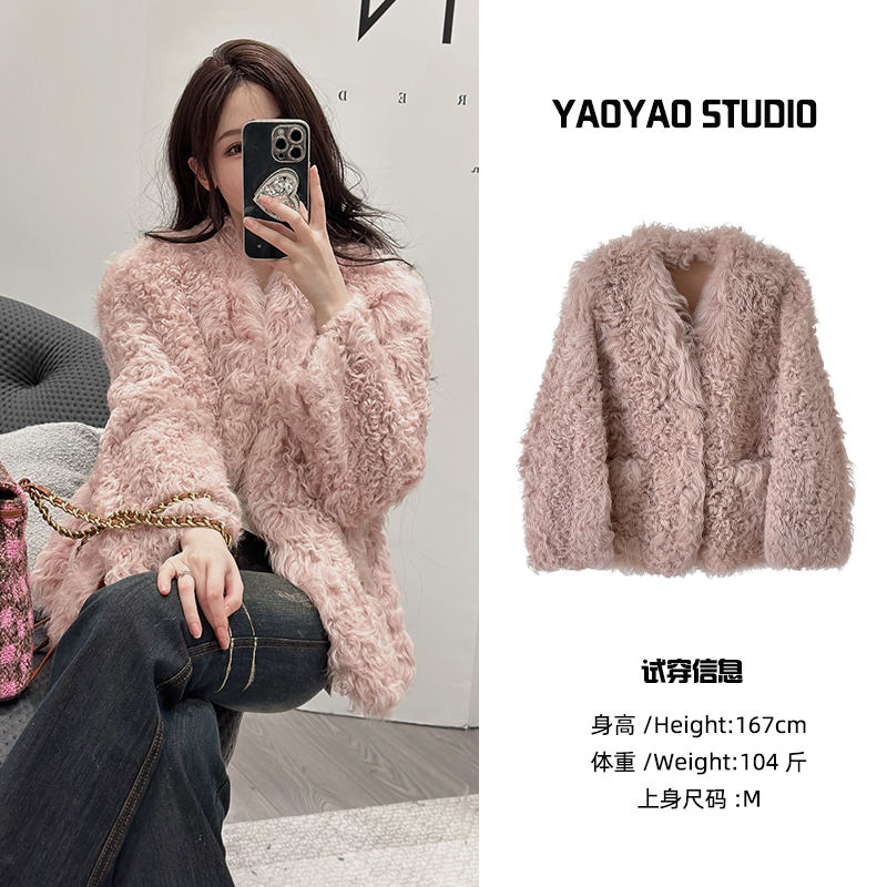 【YZ】‘夜之梦’秋冬新款V领休闲皮毛一体皮草外套女
