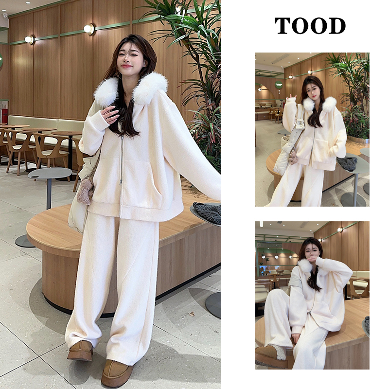 毛毛拼接连帽拉链外套女秋冬季小个子穿搭一整套装阔腿裤子两件套