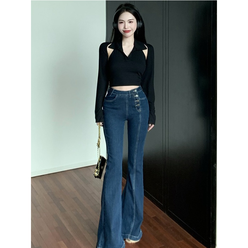 秋季高腰弹力复古蓝色单排扣牛仔裤女修身直筒微喇叭拖地裤子长裤
