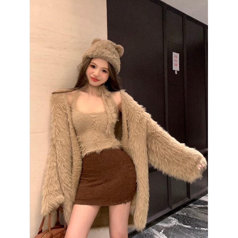 白色毛毛开衫外套女秋冬季慵懒风宽松仿貂毛外搭中长款毛茸茸上衣
