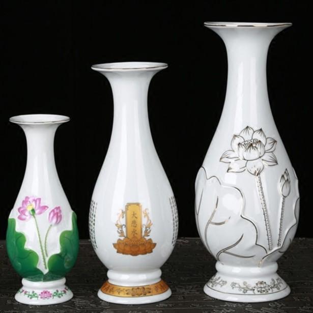家用花瓶用品 陶瓷莲花无字浮雕描金花瓶 摆件大悲水净瓶供水桌面