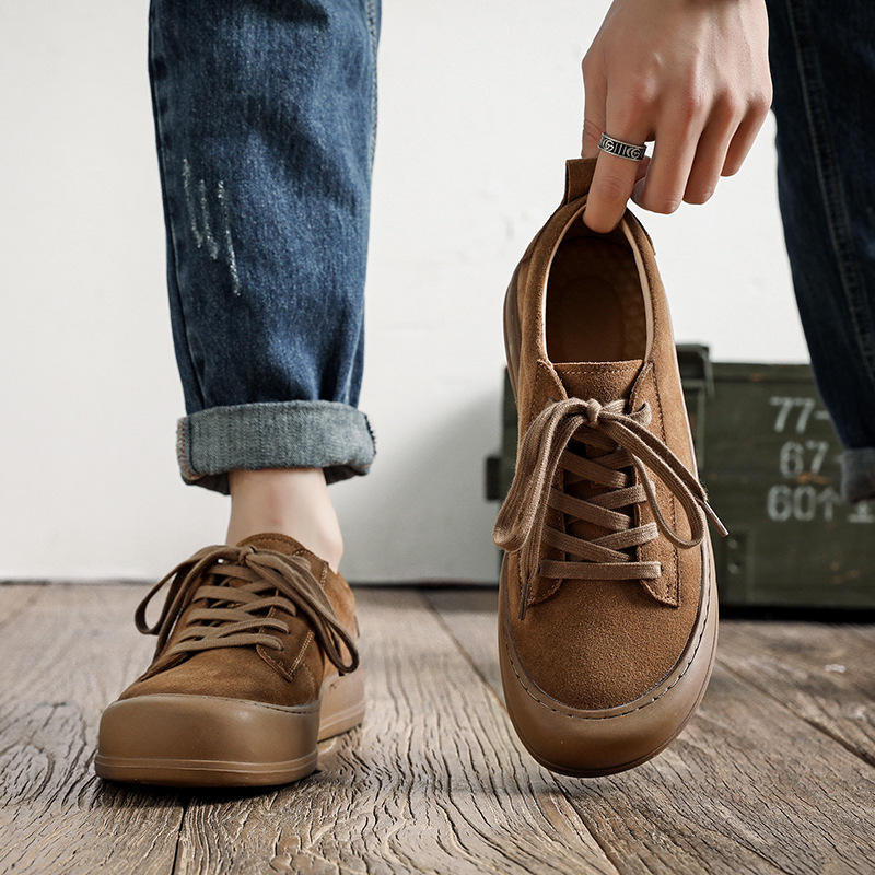 男鞋翻毛皮休闲低帮板鞋四季新款男士真皮透气工装鞋复古厚底皮鞋