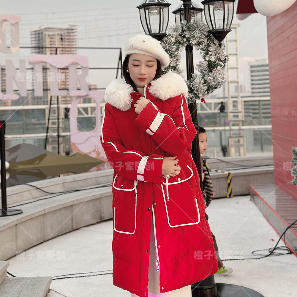 WT0153毛领撞色中长款羽绒服