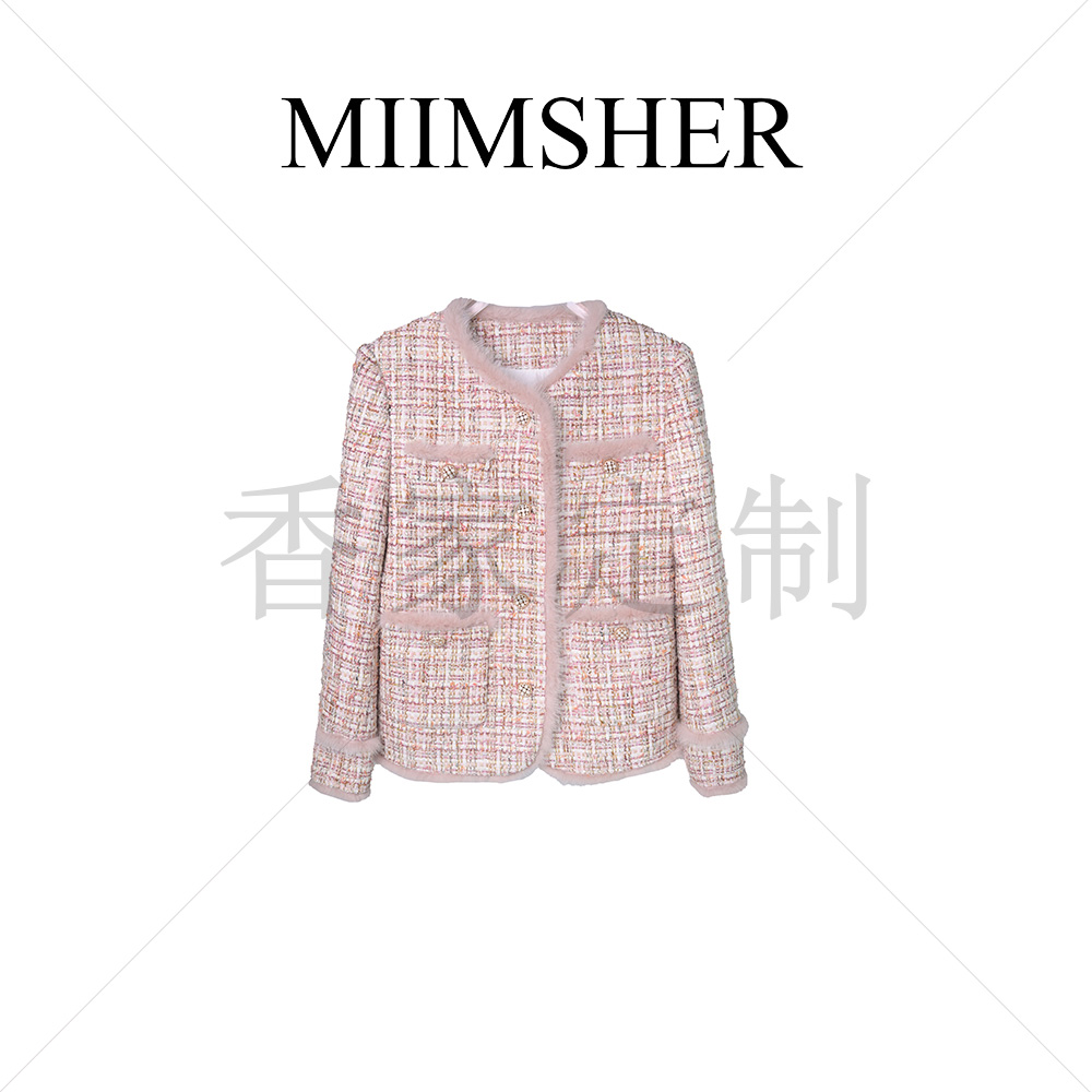 月月-芝士奶桃（水貂白鹅绒）粗花呢圆领外套小香风秋冬MS231404