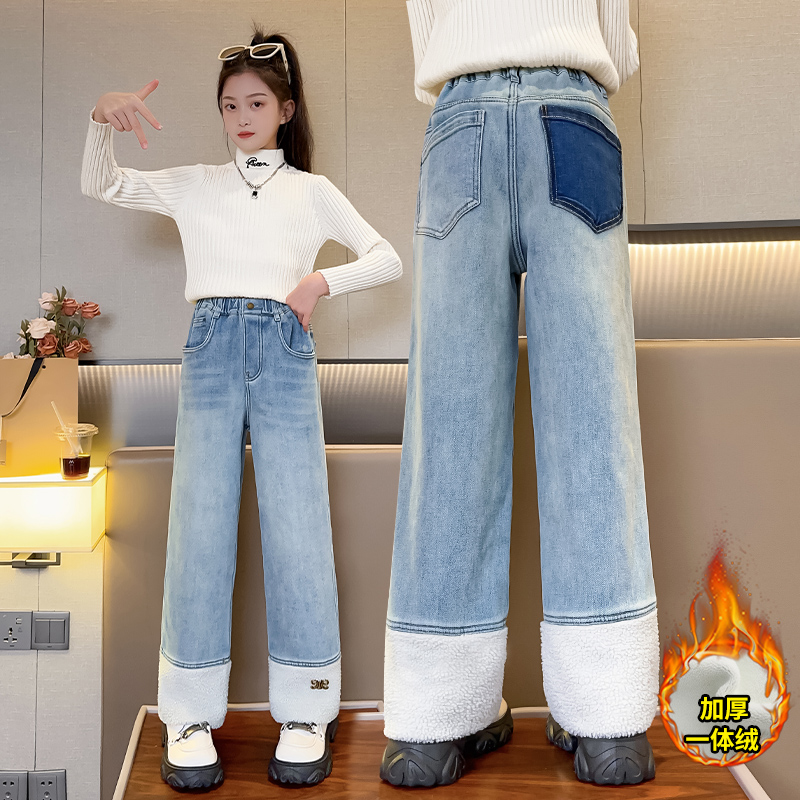 女童加绒牛仔裤秋冬款儿童阔腿裤加厚一体绒中大女孩外穿直筒裤子